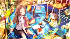 Water multicolor anime girls brunettes school uniforms