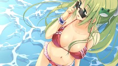 Water navel sunglasses bracelets long hair green eyes ponytails 