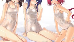 Water navel wet sitting blush blue hair pink hair anime girls 