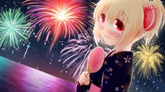 Water ocean Anime fireworks red eyes kimono blondes anime girls 