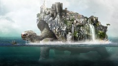 Water ocean ships Boats houses buildings turtles digital art 