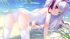 Water ocean wet white hair Beaches shore long hair pink eyes 