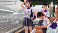 Water rain Anime wet schoolgirls shirts skirts school uniforms