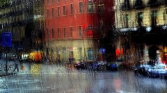 Water rain cars wet buildings cityscapes scenic rain on glass