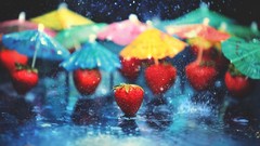 Water rain Umbrellas colors strawberries fruits