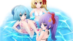 Water red eyes Ribbons Beaches blush blue hair long hair 