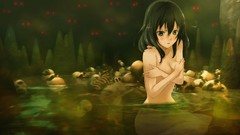 Water red eyes skulls skeletons black hair nude wet hair 
