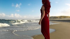 Water red woman red dress Beaches redheads curly hair