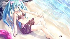 Water Ribbons Beaches blue hair long hair barefoot anime girls 