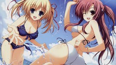 Water Ribbons Beaches smiling anime girls wink bikini swimsuits 