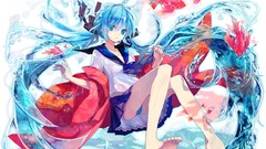 Water schoolgirls skirts blue hair long hair anime girls school 