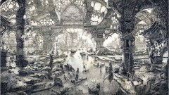 Water ships ruins monochrome cityscapes