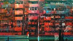 Water signs balcony sitting reflections piers buildings 