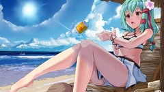 Water sky Anime Beaches blue hair barefoot anime girls green 