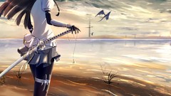 Water sky weapons Dragons Katana widescreen anime girls black 