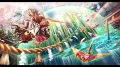 Water Skyscrapers dress waterfalls flying origami red eyes red 