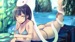 Water snakes waterfalls anime girls short hair yellow eyes 