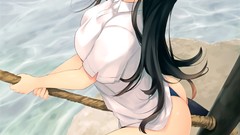 Water sneakers ass sitting shirts long hair anime girls brown 