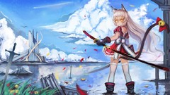Water Stars clouds Katana ruins dress white hair bow stockings 