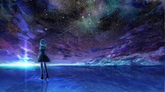 Water Stars clouds white hair reflections anime girls school 