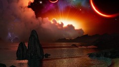 Water Stars Mountains clouds bright Lightning horizon lakes 