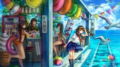 Water summer brown long hair anime girls braids ponytails 