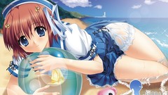 Water summer brown wet Ribbons Beaches anime girls blue eyes 