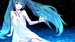 Water summer dress Ribbons blue hair long hair barefoot hatsune 