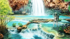 Water summer fish hats waterfalls Shorts outdoors barefoot 