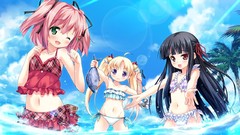 Water summer fish pink hair anime girls black hair game cg 
