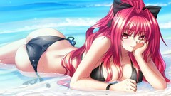 Water sun black red Anime Beaches backgrounds scarlet long hair 