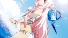 Water sun clouds Beaches pink hair blue eyes skies vocaloid ia 