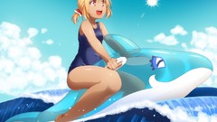 Water sun clouds Dolphins navel red eyes waves bows blondes 