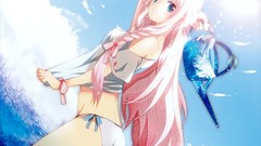 Water sun clouds Ribbons water drops t-shirts pink hair long 