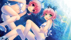 Water sun ocean fish Anime pink hair anime girls green eyes 