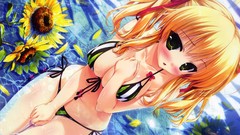 Water Sunflowers blondes blush anime girls green eyes bikini 