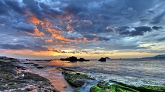 water sunset clouds Sea rock landscape beach sky nature