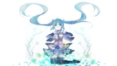 Water tie sitting shirts skirts blue hair long hair anime girls 