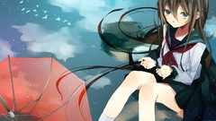 Water Umbrellas reflections anime girls school uniforms