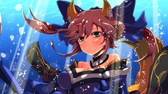 Water underwater anime girls green eyes brunettes animal ears 