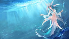Water underwater red eyes mermaids cleavage League of Legends 