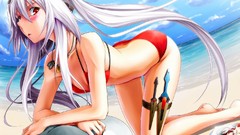 Water weapons Anime glasses red eyes Beaches blush long hair 