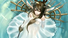 Water weapons dress red eyes Swords anime girls brunettes 