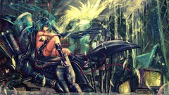 Water weapons headphones feathers gloves Swords long hair 