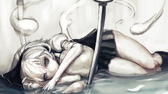 Water weapons Katana ghosts white hair Swords skirts blue eyes 