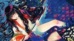 Water weapons Katana navel red eyes sitting kimono Swords fans 