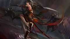 Water weapons Katana Swords long hair anime girls brunettes 