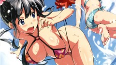 Water wet Beaches anime girls cleavage bikini boobs