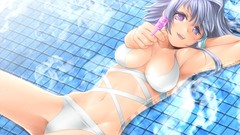 Water wet blue hair anime girls heterochromia cleavage bikini 