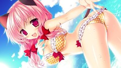 Water wet pink hair animal ears bikini